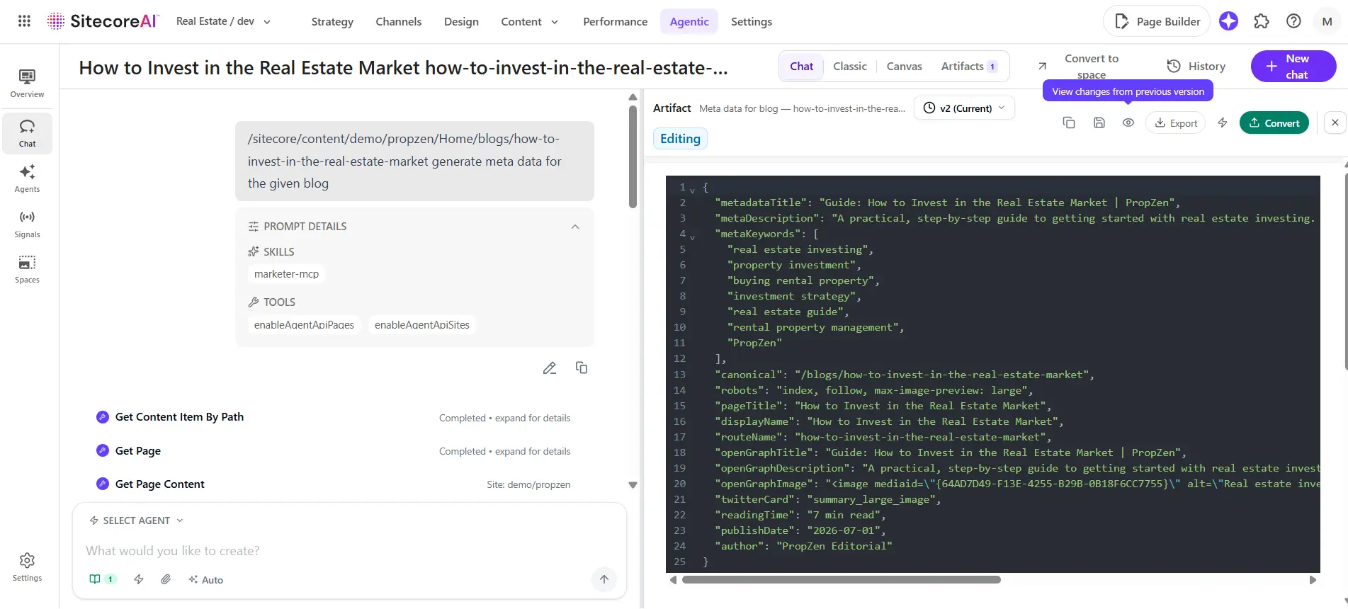 SitecoreAI generating SEO metadata for blog content