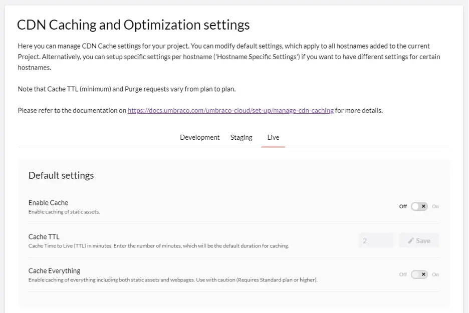 CDN Caching and Optimization Settings